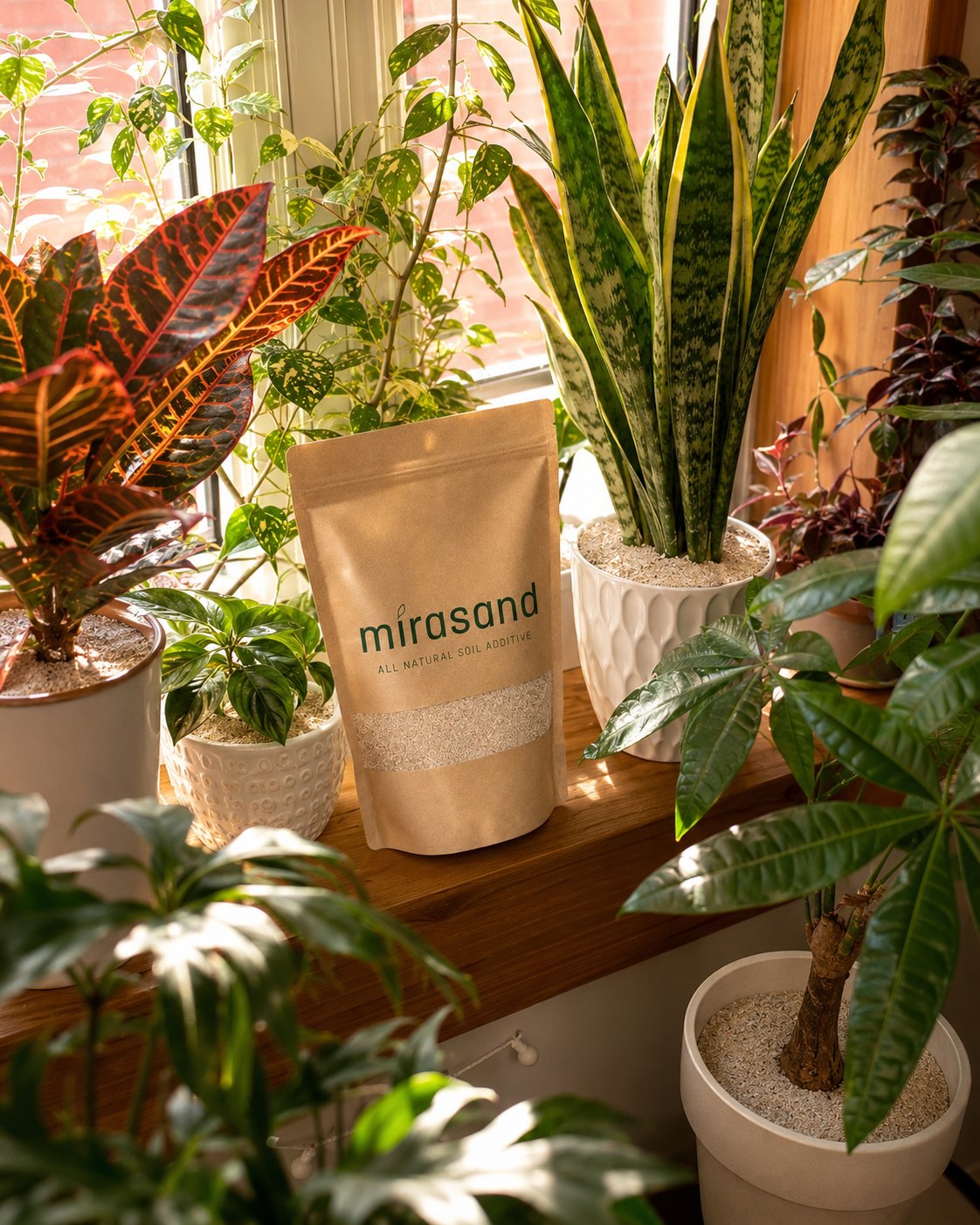 Mirasand pouch among a collection of houseplants on a sunlit windowsill