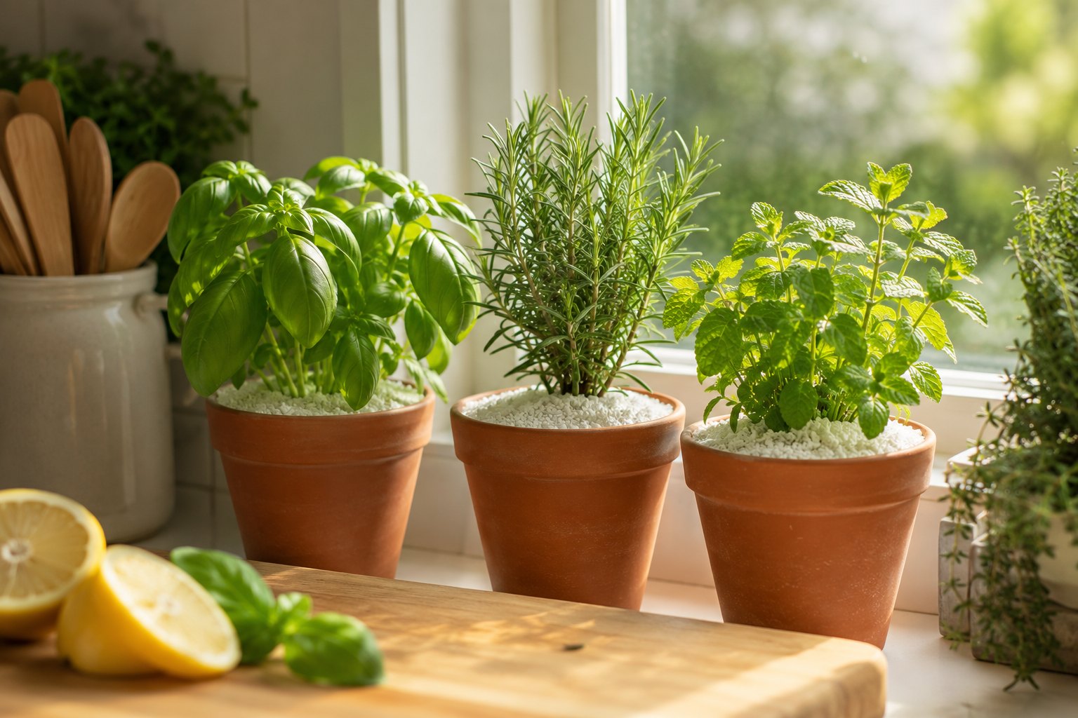Basil, rosemary and mint in terracotta pots topped with Mirasand on a sunny kitchen windowsill
