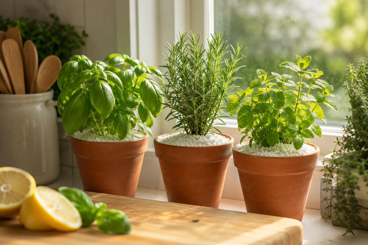 Basil, rosemary and mint in terracotta pots topped with Mirasand on a sunny kitchen windowsill