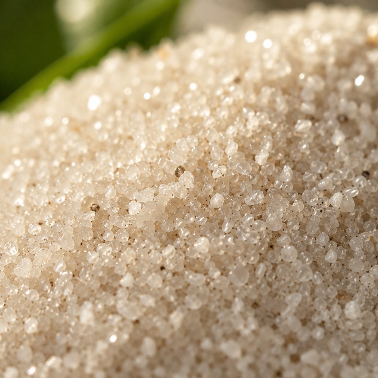 Close-up macro of Mirasand's fine white mineral grains catching the light