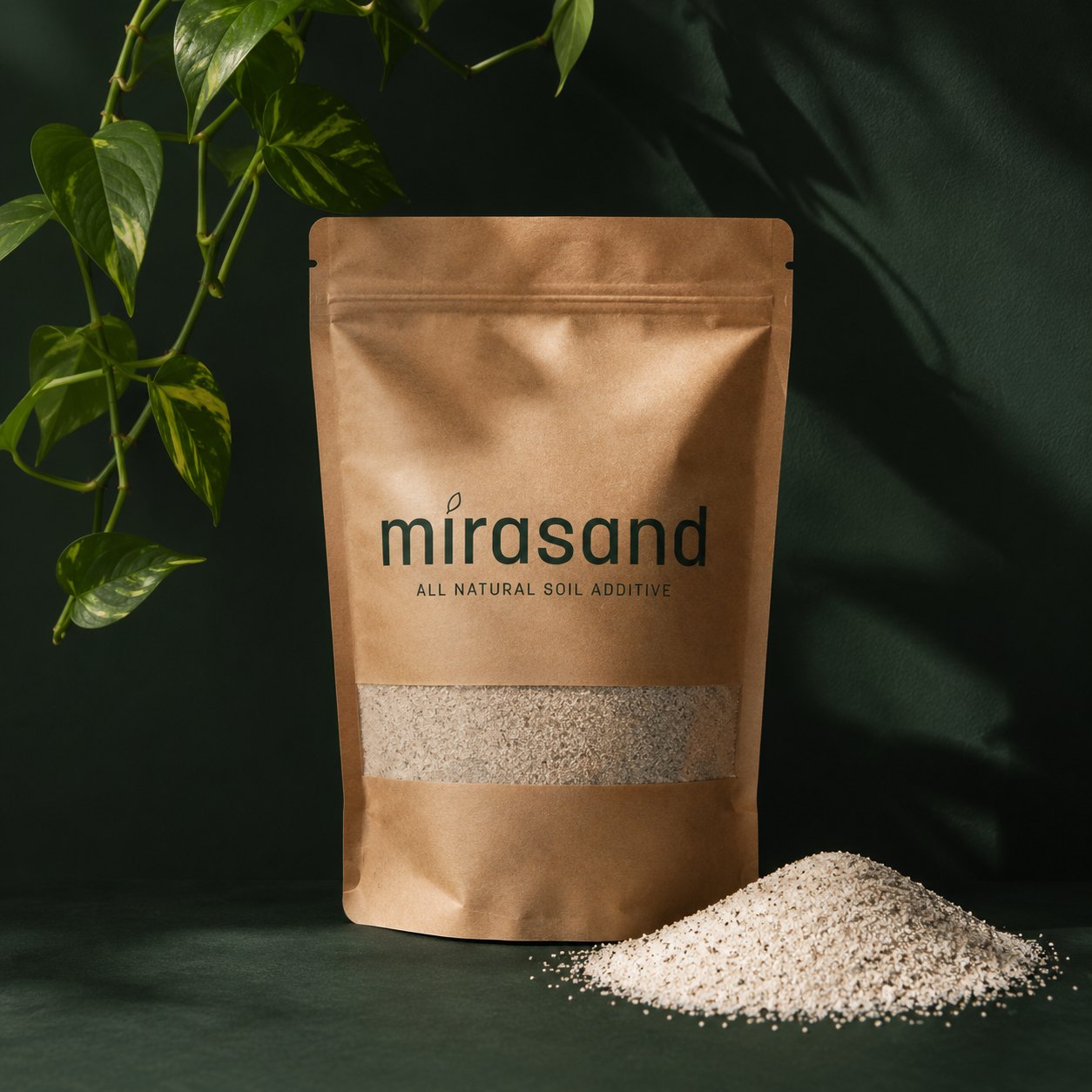 Mirasand kraft pouch on a deep forest-green backdrop with spilled white mineral sand