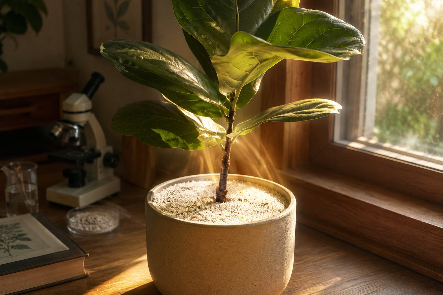 Fiddle-leaf fig topped with Mirasand on a desk beside a microscope and botanical notes