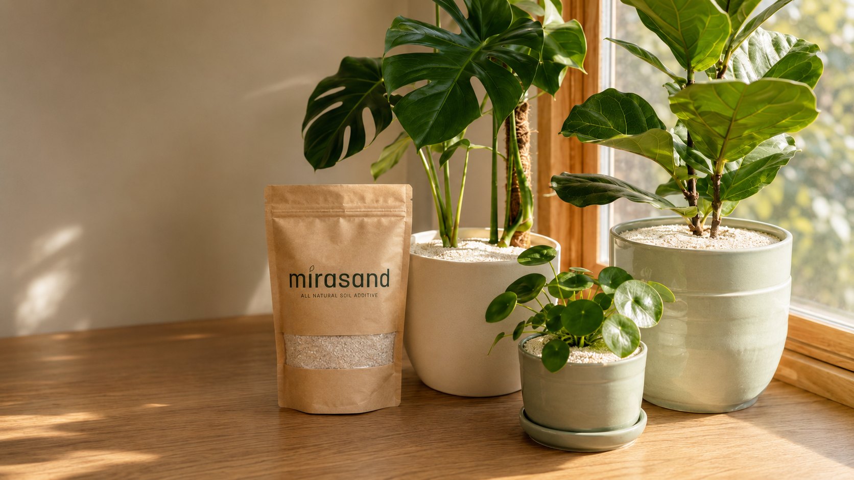 Sunlit still life of houseplants topped with Mirasand beside the kraft pouch